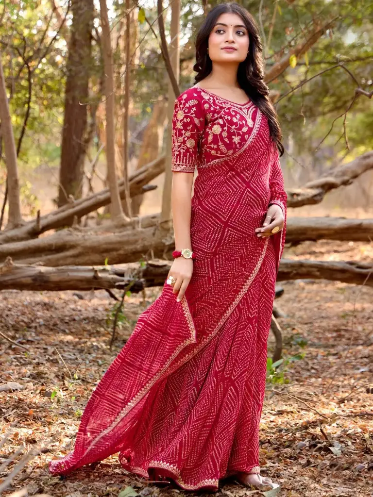 Red Mono Georgette Zari Sequin Saree
