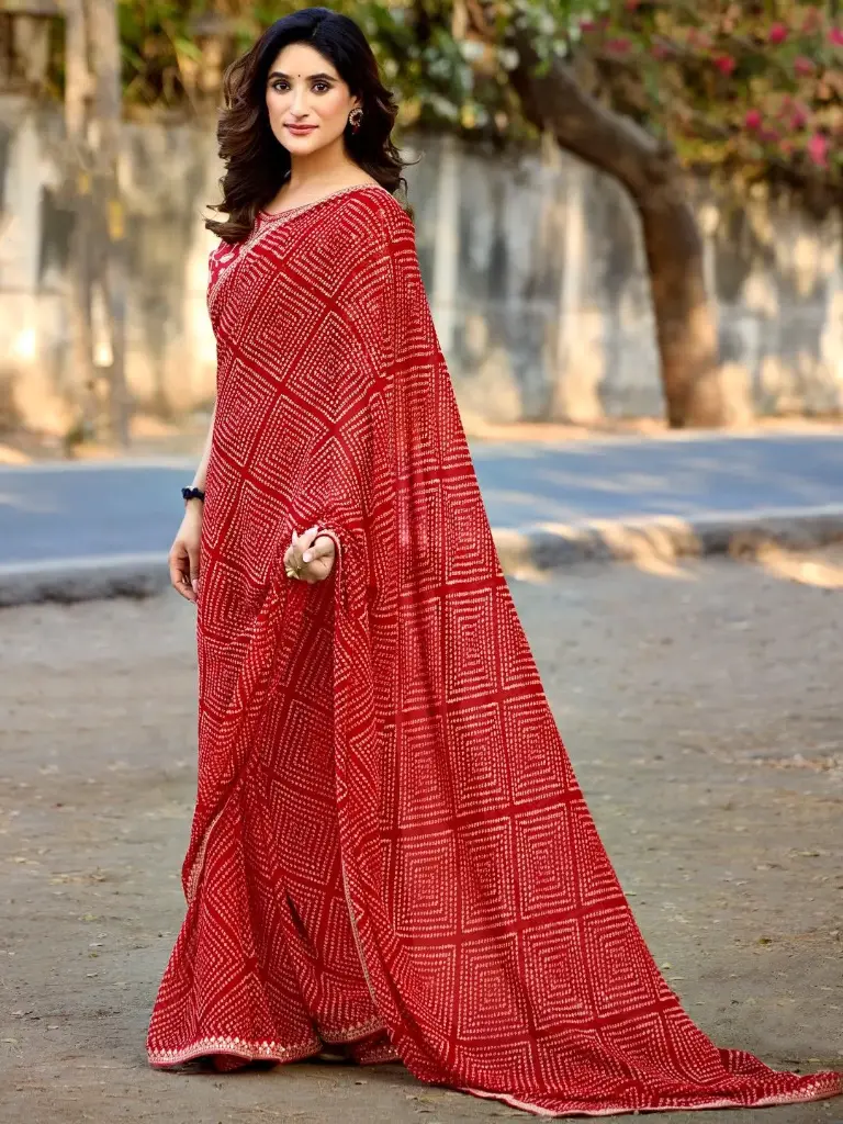 Red Mono Georgette Zari Sequin Saree