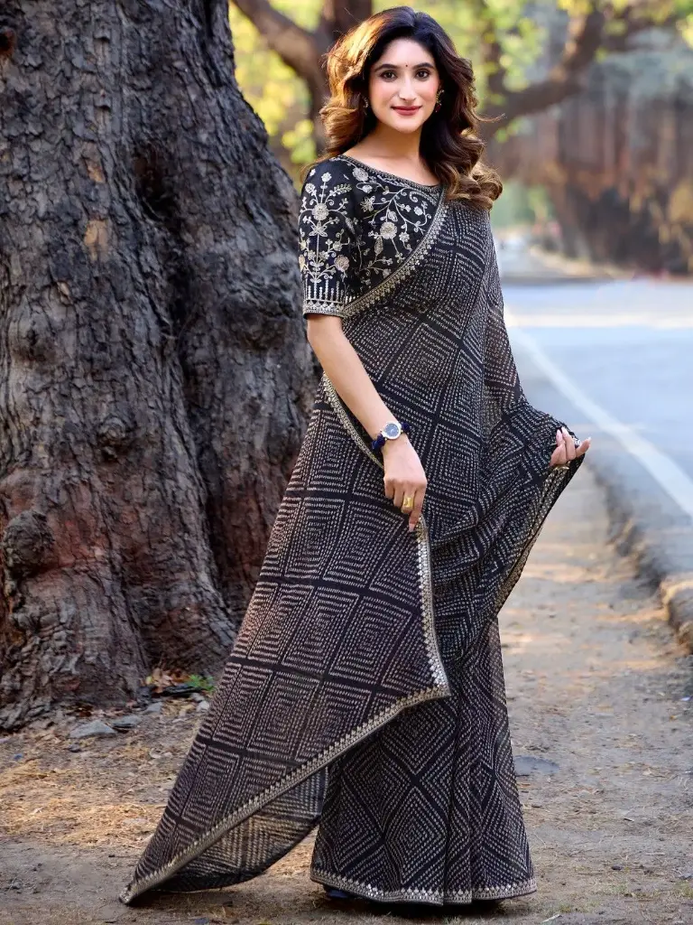 Navy Mono Georgette Zari Sequin Saree