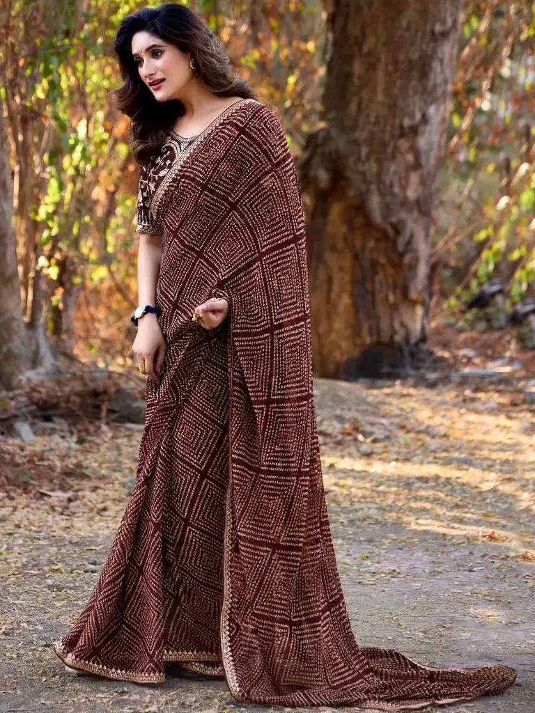Brown Mono Georgette Zari Sequin Saree