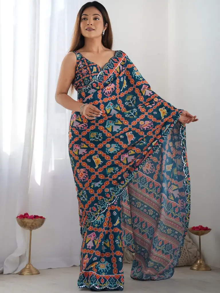 Teal Embellished Beads & Stones Malai Silk Saree