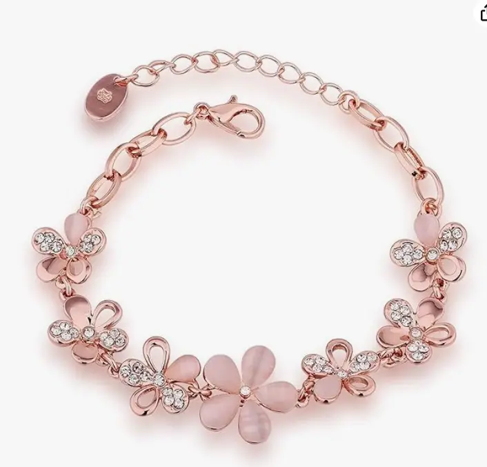 OUT OF STOCK NOW!Rose Gold Plated Pink Flowers Link Chain Adjustable Size Charm Alloy Bracelet Decorated With Crystals for Girls & Women+ A key chain.