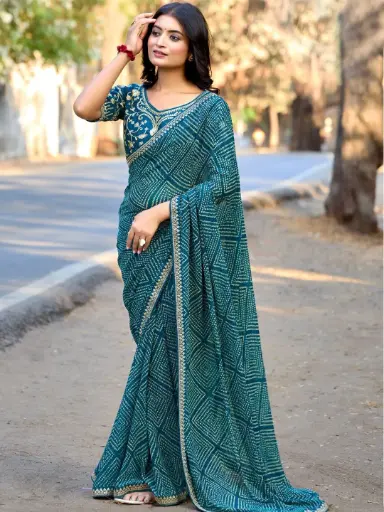 Teal Mono Georgette Zari Sequin Saree