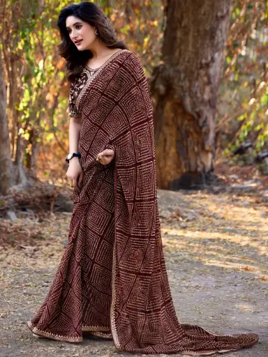 Brown Mono Georgette Zari Sequin Saree