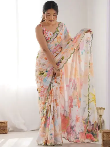 Multicolor Printed Sequins Chinon Sarees