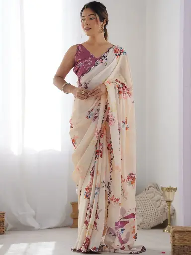Cream Printed Sequins Chinon Sarees