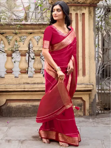 Dark Pink Malai Silk Zari Work Saree