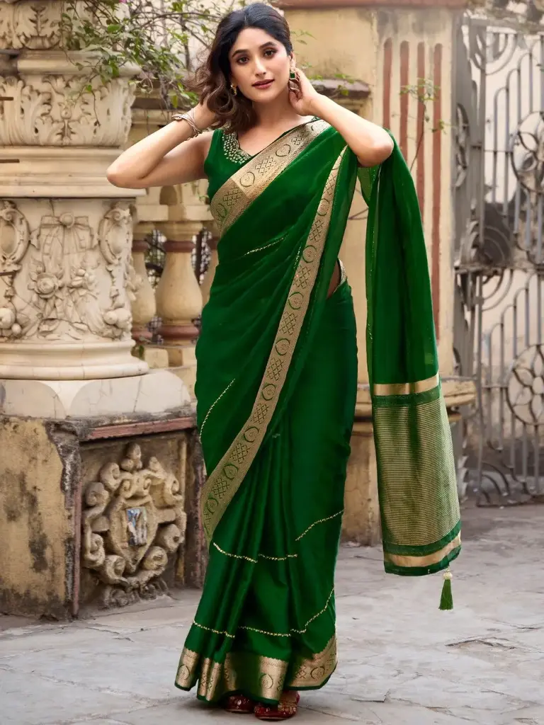 Green Malai Silk Zari Work Saree
