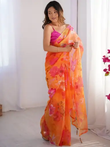 Orange Organza Designer Saree
