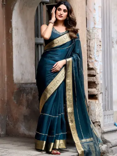 Teal Embellished Beads & Stones Malai Silk Saree