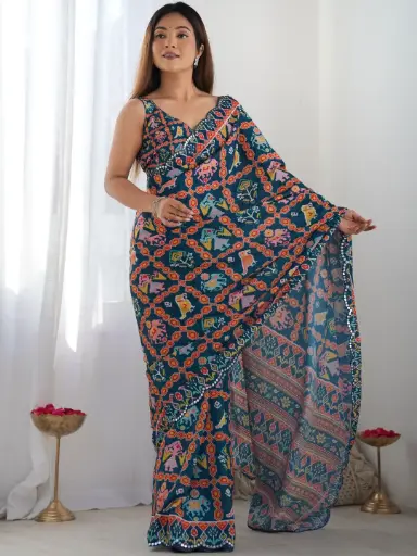 Teal Embellished Beads & Stones Malai Silk Saree