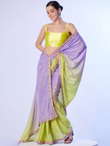 Lemon Green & Lilac Chinon Embellished Designer Saree