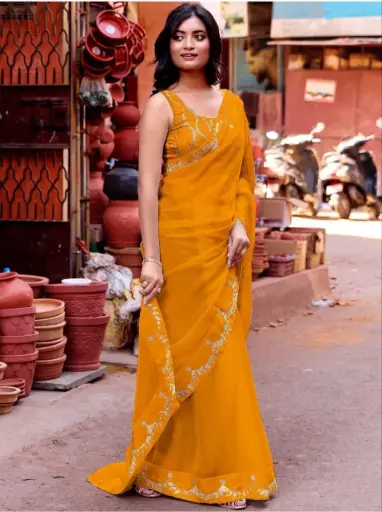 Yellow Embellished Beads & Stones Silk Saree