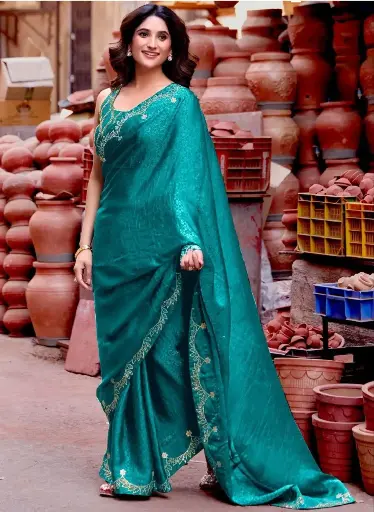 Green Embellished Beads & Stones Silk Saree