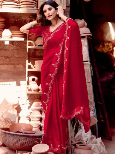 Red Embellished Beads & Stones Saree